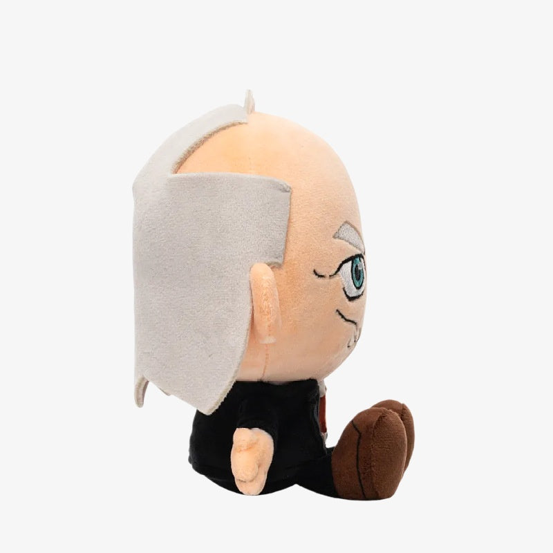 The ZoDoll Invincible Animated Series Plush Toy Collection features a soft superhero stuffed doll (18x20cm) with light gray hair, blue eyes, black shirt, and brown shoes, shown sitting in side profile on a plain white background.