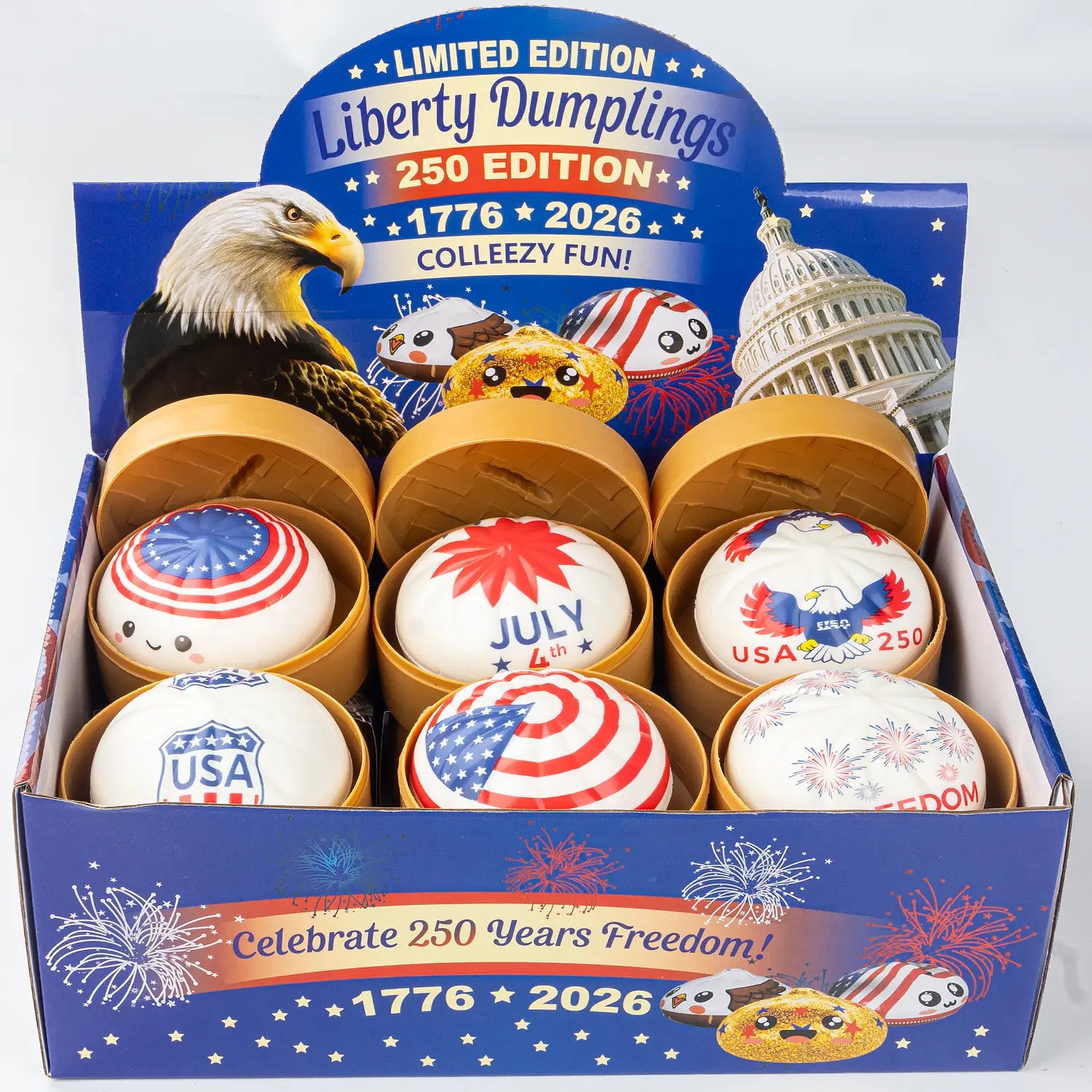 The ZoDoll Liberty Dumplings 250 Edition Squishy Fidget Toy with Steamer features a white patriotic design honoring USA’s 1776–2026 anniversary, with eight kawaii squeeze balls in gold trays.