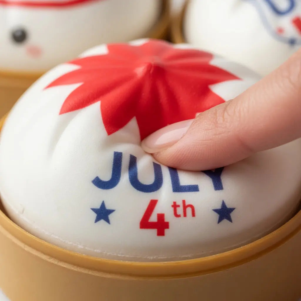 A finger presses into ZoDoll’s Liberty Dumplings 250 Edition Squishy Fidget Toy, a white bun with a red star and "JULY 4th" in blue, from the White Patriotic Series celebrating USA 1776–2026, shown on a classic stars and stripes background.