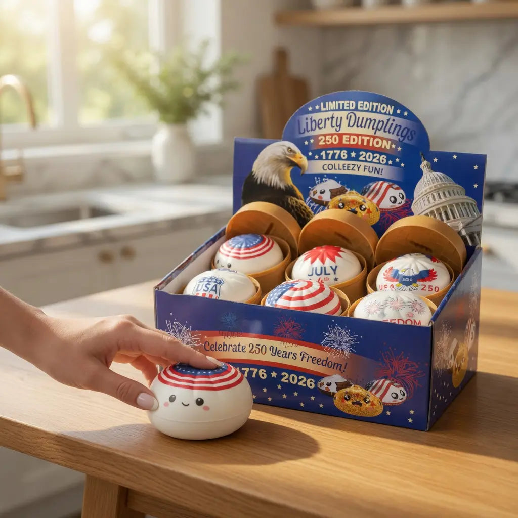 A hand reaches for a ZoDoll Liberty Dumplings 250 Edition Squishy Fidget Toy, part of the White Patriotic Series, from a blue display box decorated in red, white, and blue for the USA 1776–2026 Anniversary.