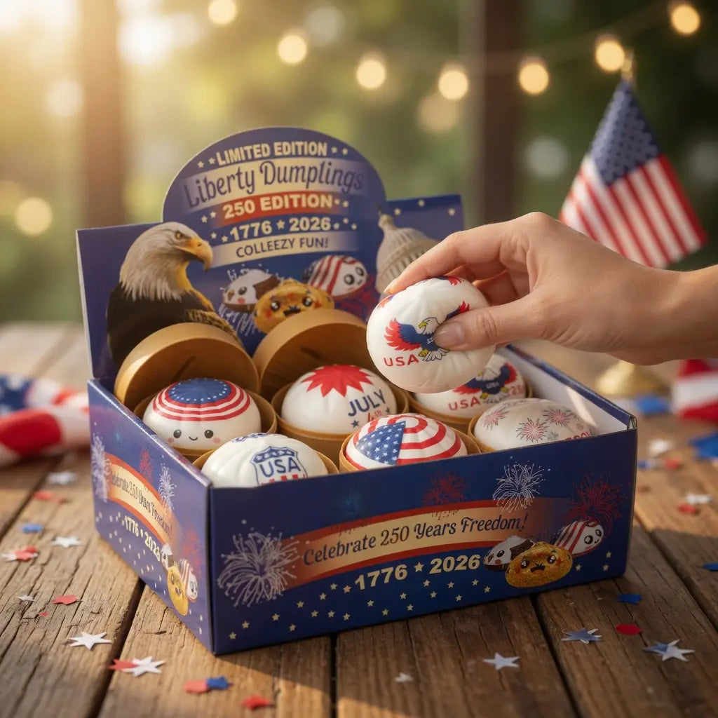 A hand picks up a ZoDoll Liberty Dumplings 250 Edition Squishy Fidget Toy with Steamer—White Patriotic Series, USA 1776–2026 Anniversary, from a stars-and-stripes box against a blue July 4th-themed background.