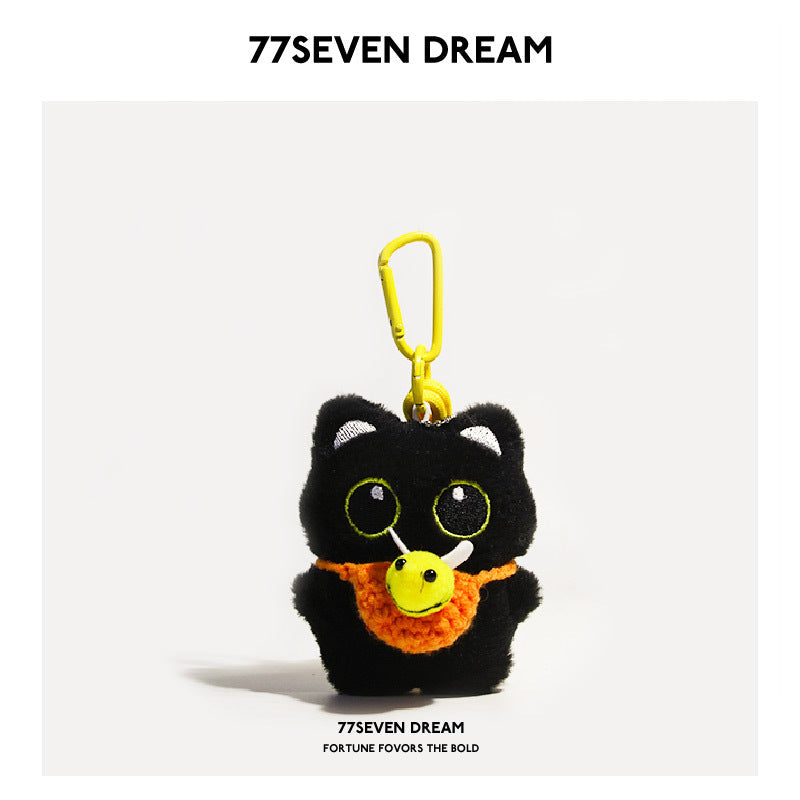 Black cat plush charm with orange crocheted bee-front panel and small yellow bee motif, orange carabiner