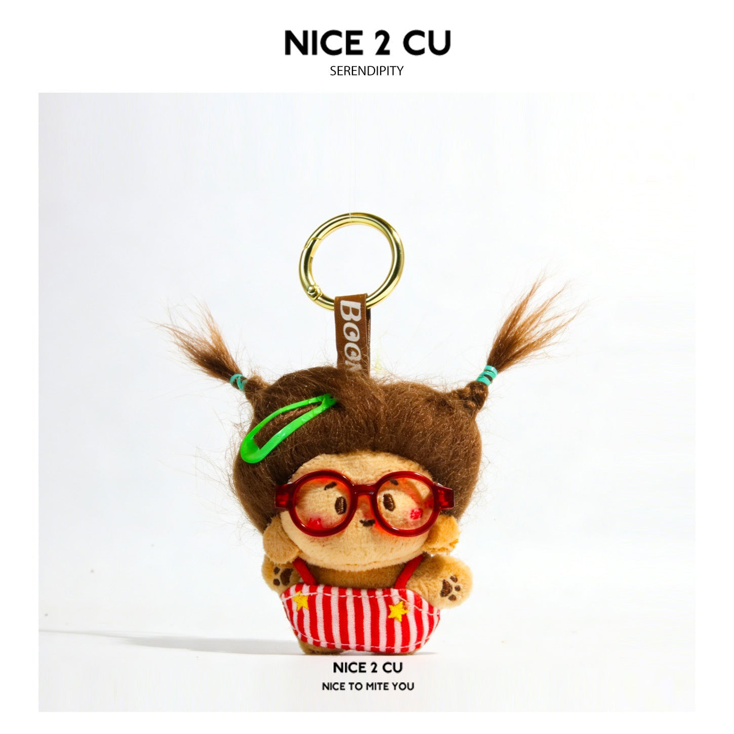 Brown-haired plush doll keychain charm with red glasses, striped outfit, and fluffy DIY-styleable pigtails