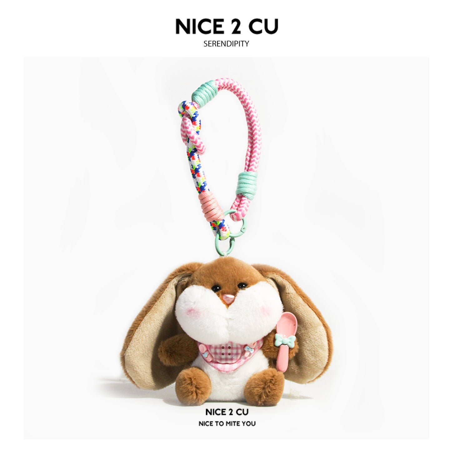 Dark brown floppy-ear bunny plush charm with white puffy face, pink gingham bib, and braided cord clip