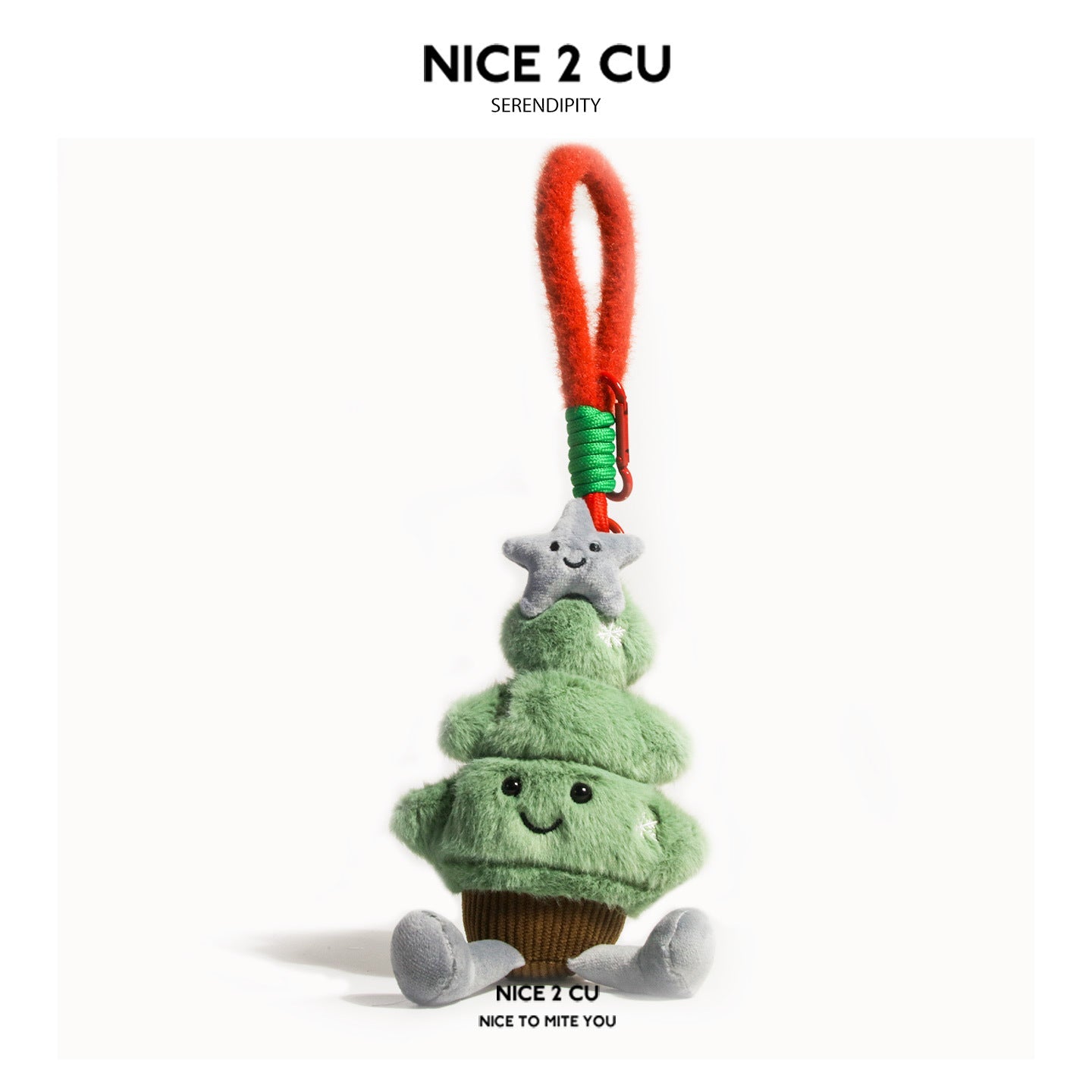 Plush Christmas tree bag charm with smiling gray star topper, gray feet, and red loop attachment