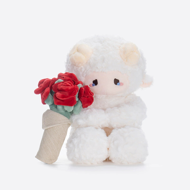 The ZEIO Rose-holding Lamb Plush Toy 29cm—an adorable sheep doll clutching red roses—sits against a white background, making it a perfect Valentine’s gift.