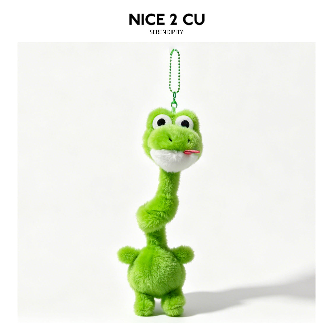 Bright green crocodile plush keychain charm with long neck, white lower face, and tongue detail