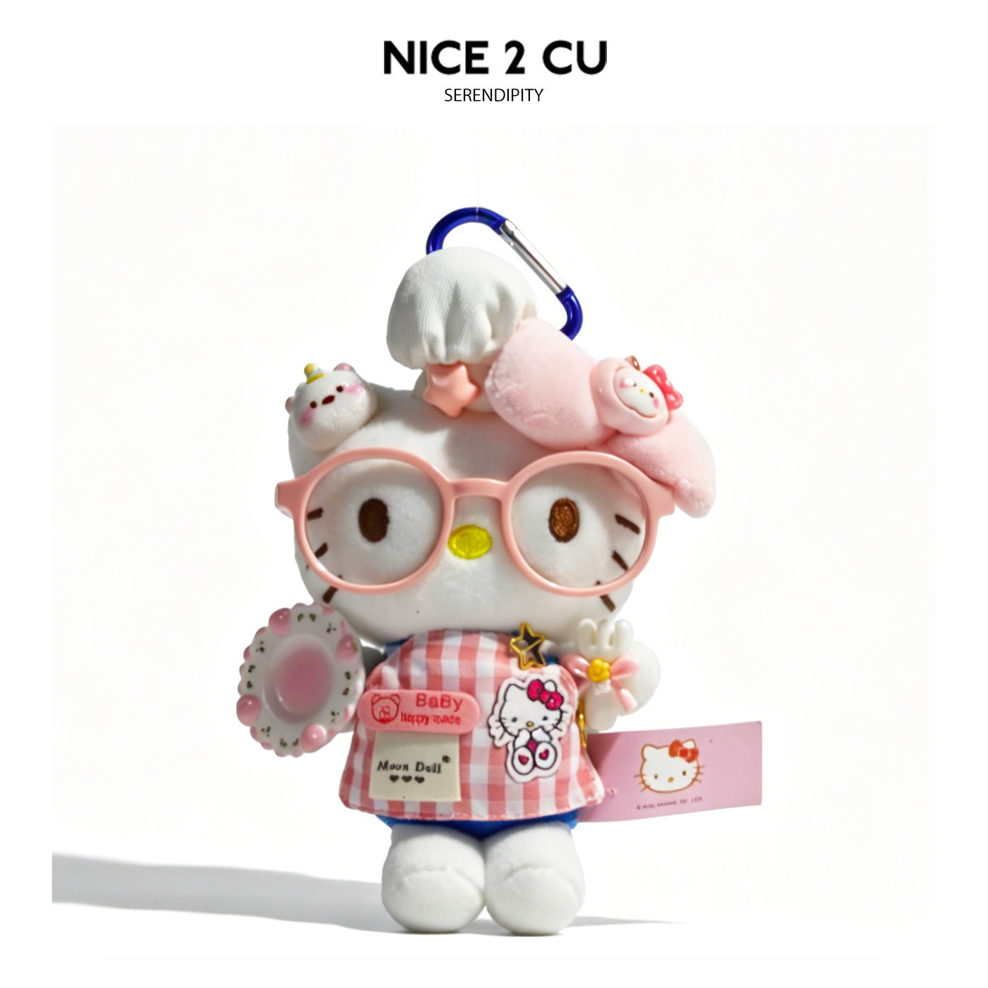 Kawaii cat plush charm in pink gingham apron dress with glasses and flower-shaped plate accessory