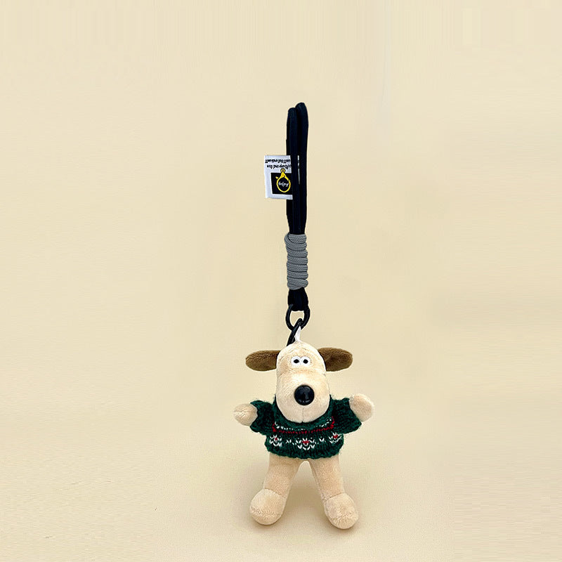 Short-fur cream dog plush charm wearing green plaid knitted sweater