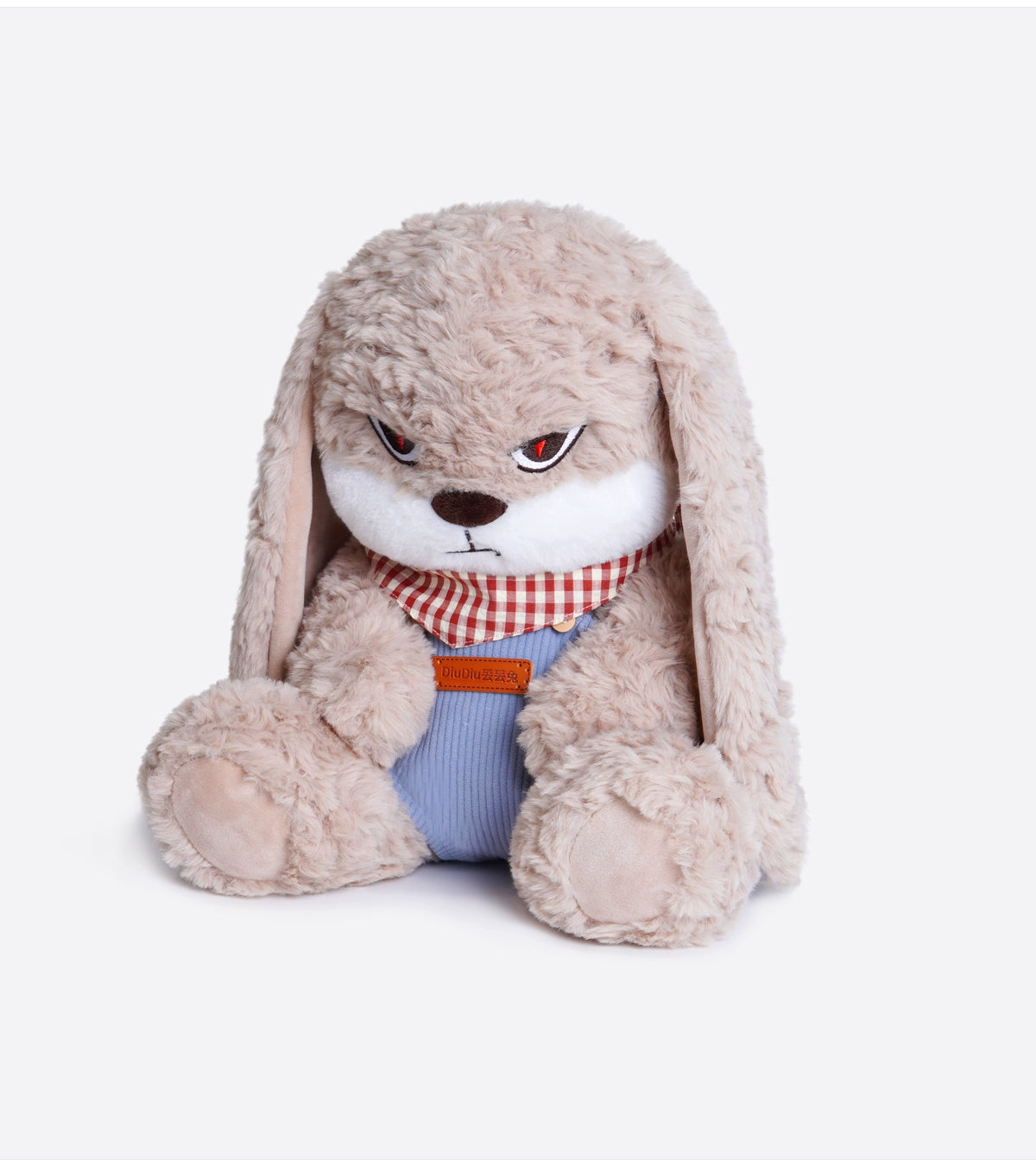 The ZEIO Bunny Plush Toy 33cm features expressive eyes, long ears, a red checkered scarf, and soft blue overalls—making this upright faux fur rabbit a unique nursery decor piece against a plain white background.