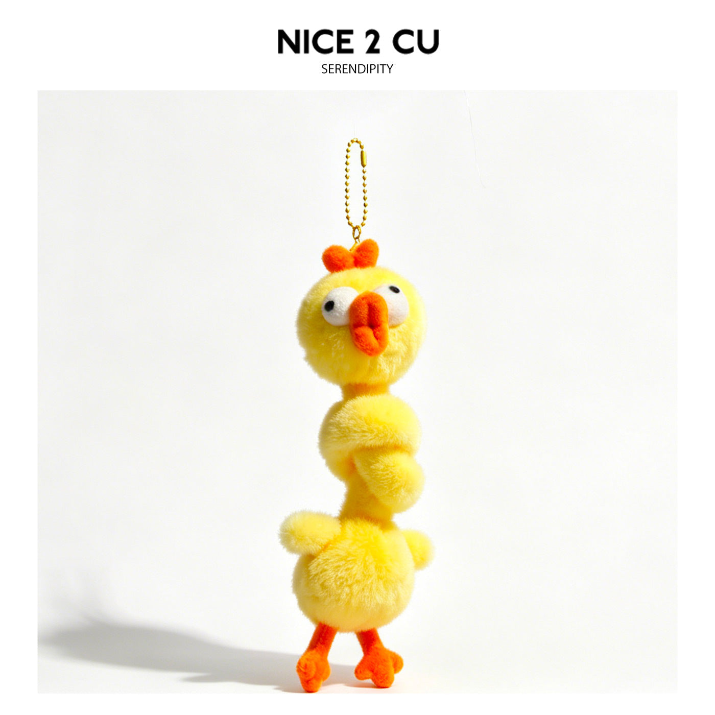 Yellow chick plush keychain charm with long twisted neck, orange beak, and orange feet