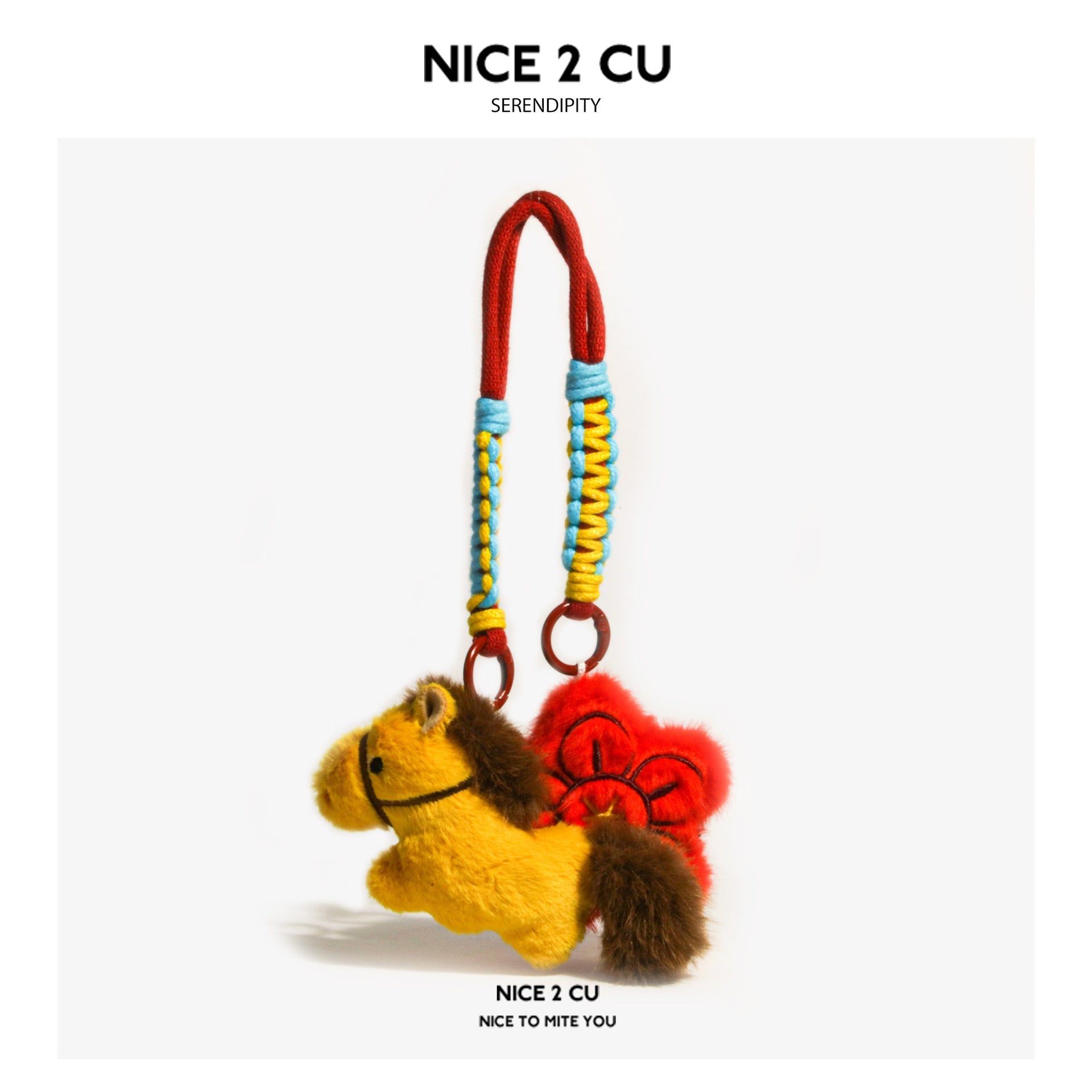 Orange-red plush horse bag charm with braided multicolor cord strap and red star plush accent