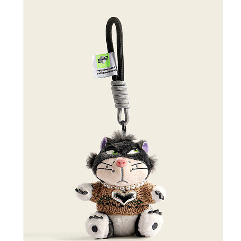 Black-face cat plush charm wearing khaki brown knit sweater with heart pendant necklace