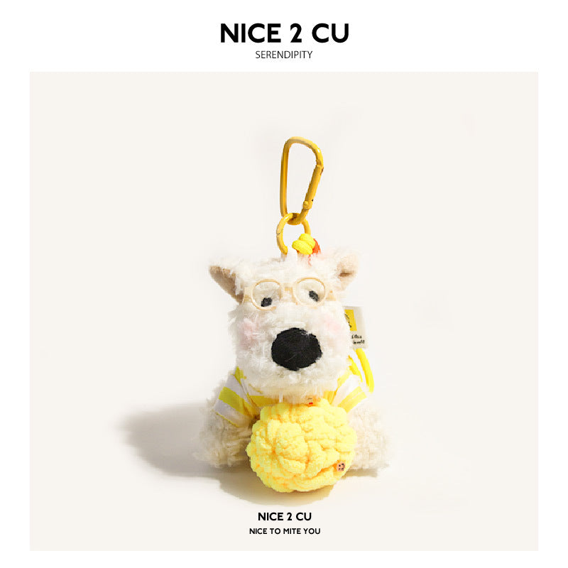 White Westie plush charm with light glasses and yellow-white striped shirt holding yellow ice cream, yellow carabiner clip