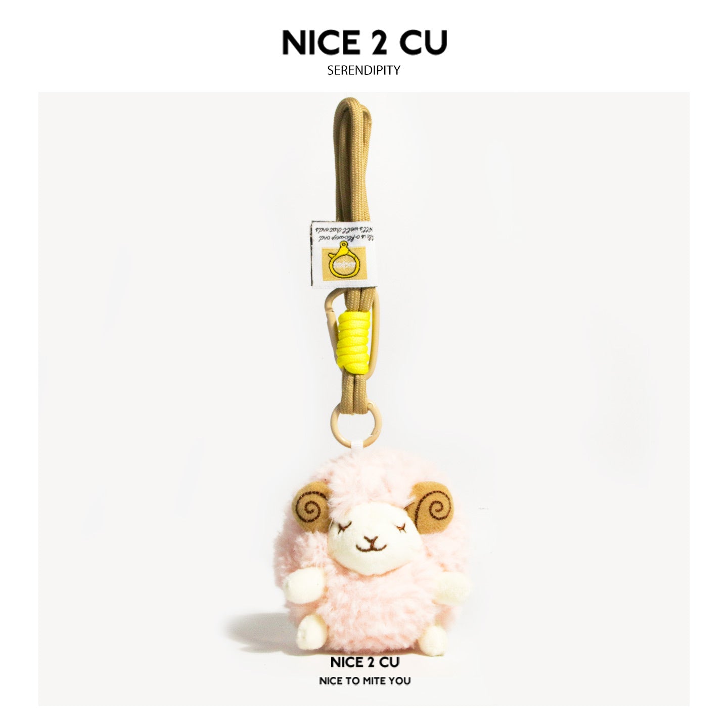 Pink fluffy sheep plush charm with white face, beige spiral ears, and hanging loop ring