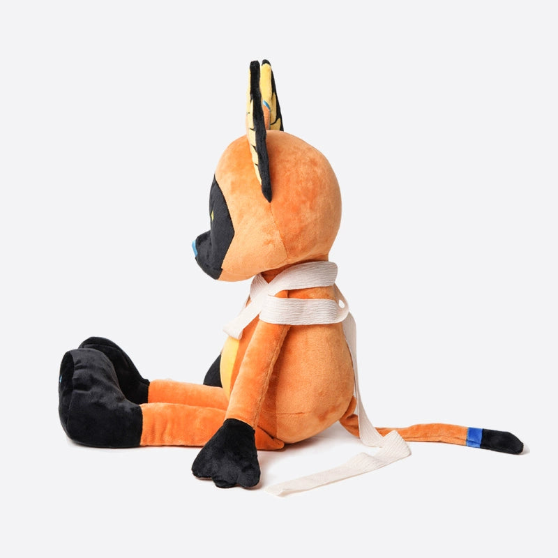 The ZEIO Egyptian Cat Plush Toy – Mystical Soft Stuffed Animal with Star Eyes sits upright, secured with a white strap, evoking ancient Egyptian decor against a plain white background.