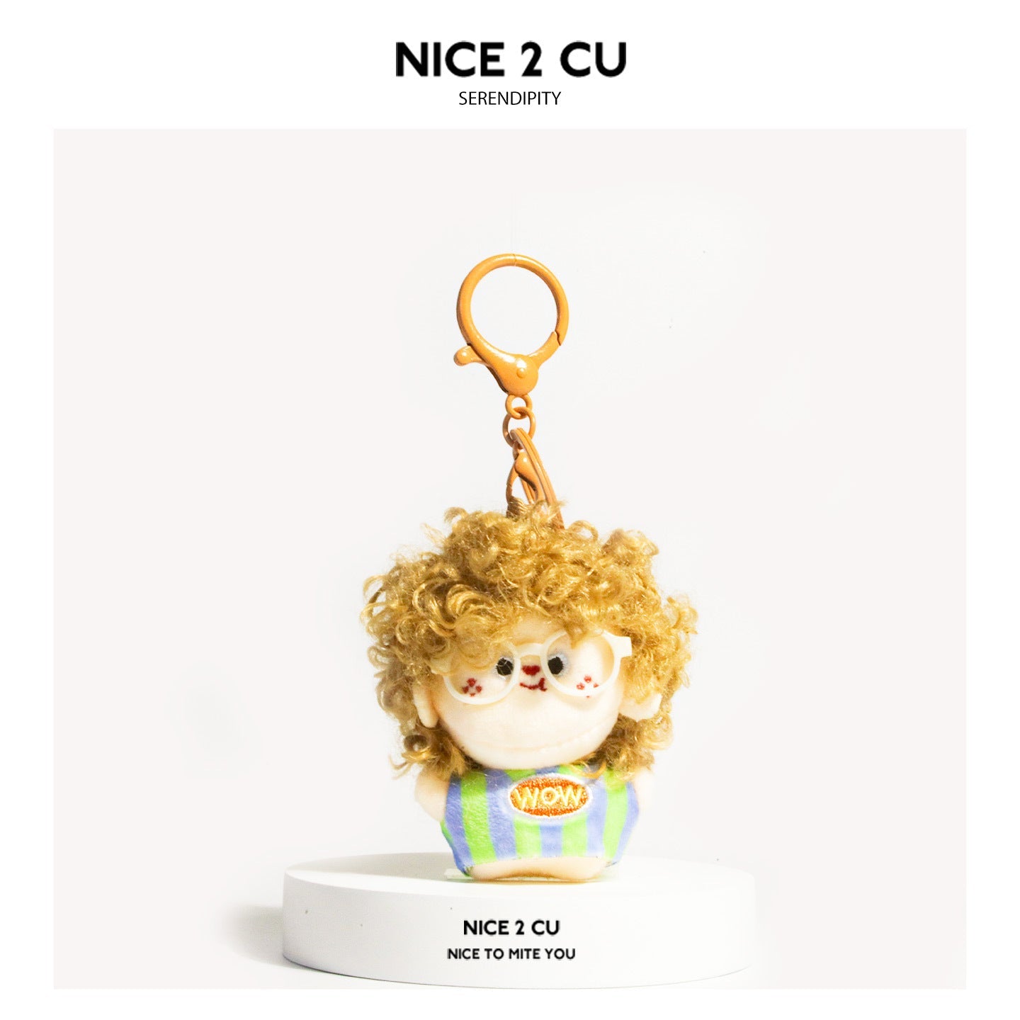 Light beige curly-hair plush doll keychain with white glasses and WOW patch, blue-green striped outfit, orange clasp