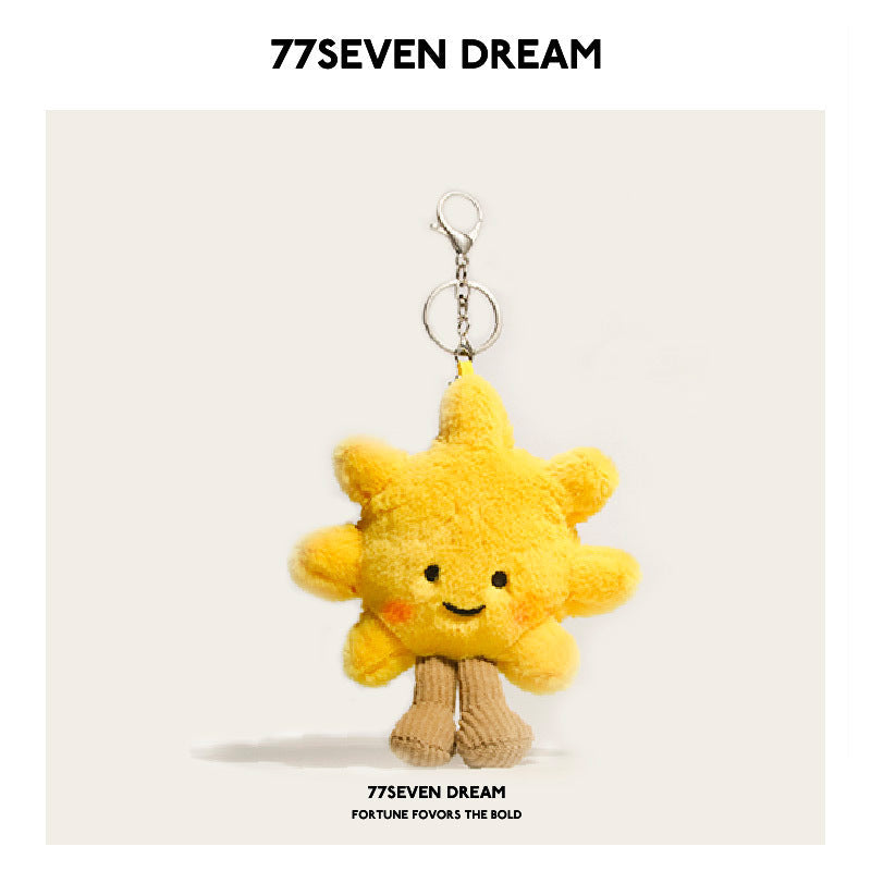 Yellow kawaii sunflower plush keychain charm with embroidered smile, blush cheeks, and silver lobster clasp