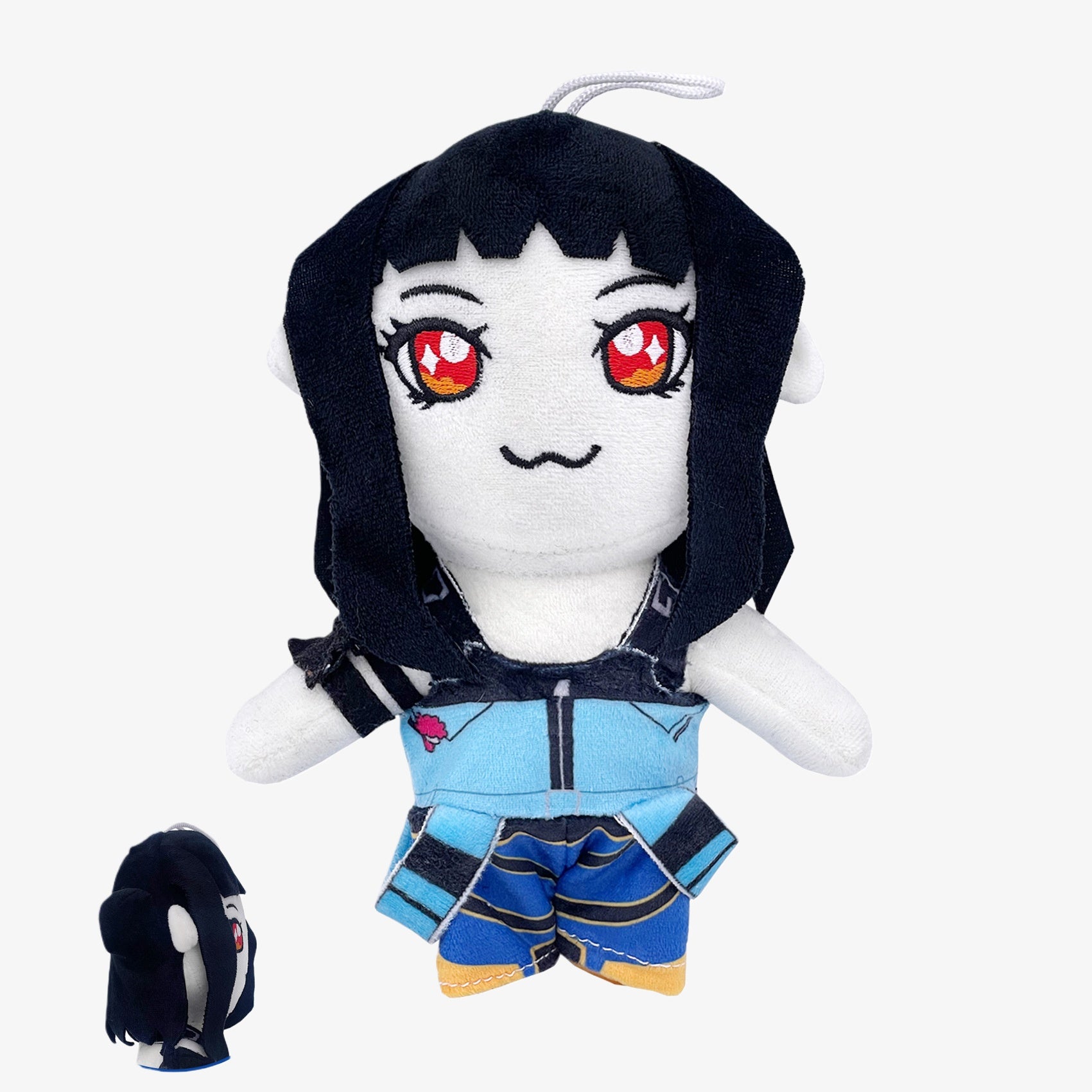 Demon Hunters Anime Plush Doll 8-Inch – Black hair, red eyes female character by Demon Hunters, soft stuffed toy with hanging loop. Shown front and side on white background—ideal anime merch for collectors.