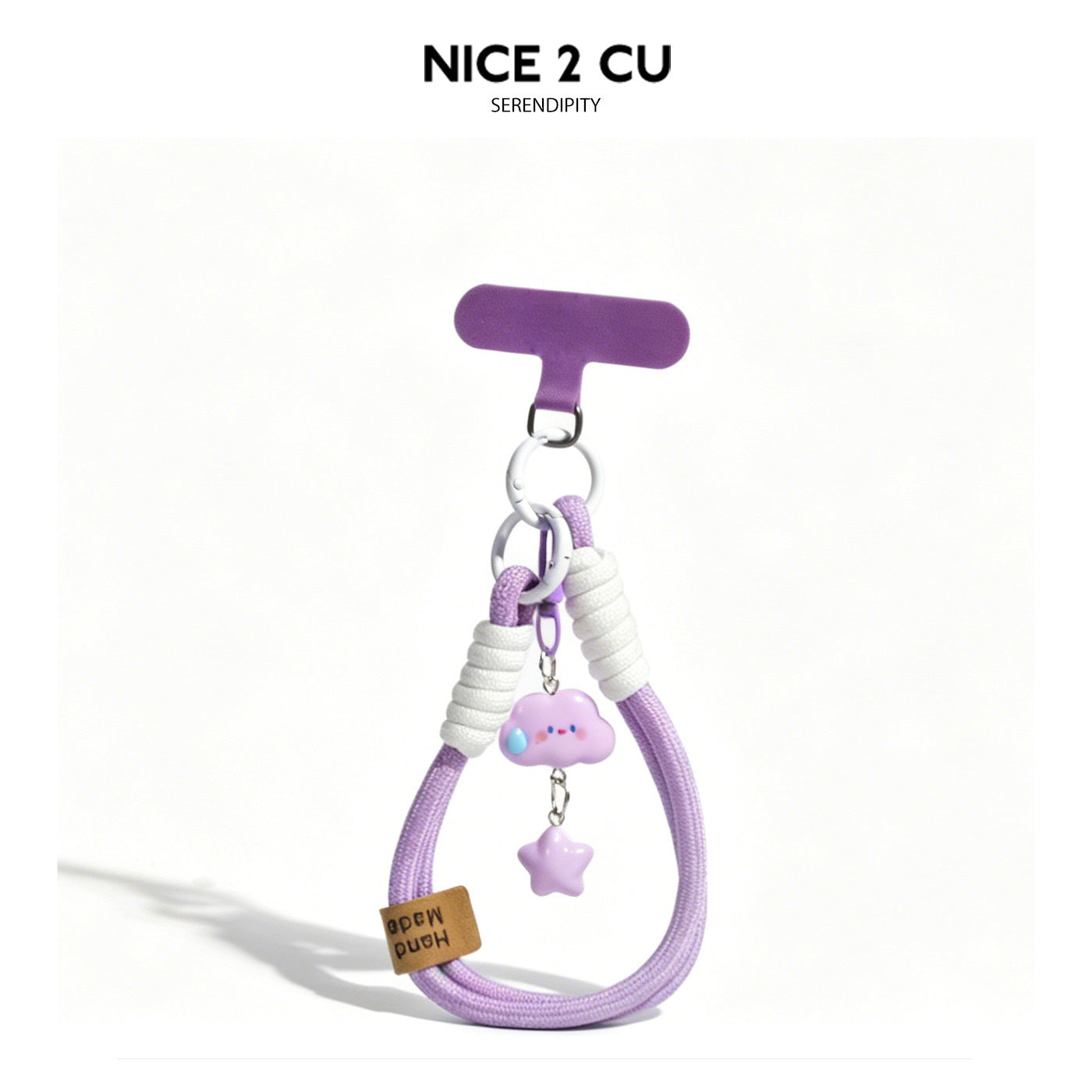 Purple braided wrist strap lanyard with kawaii cloud face charm and lavender star pendant on silver chain