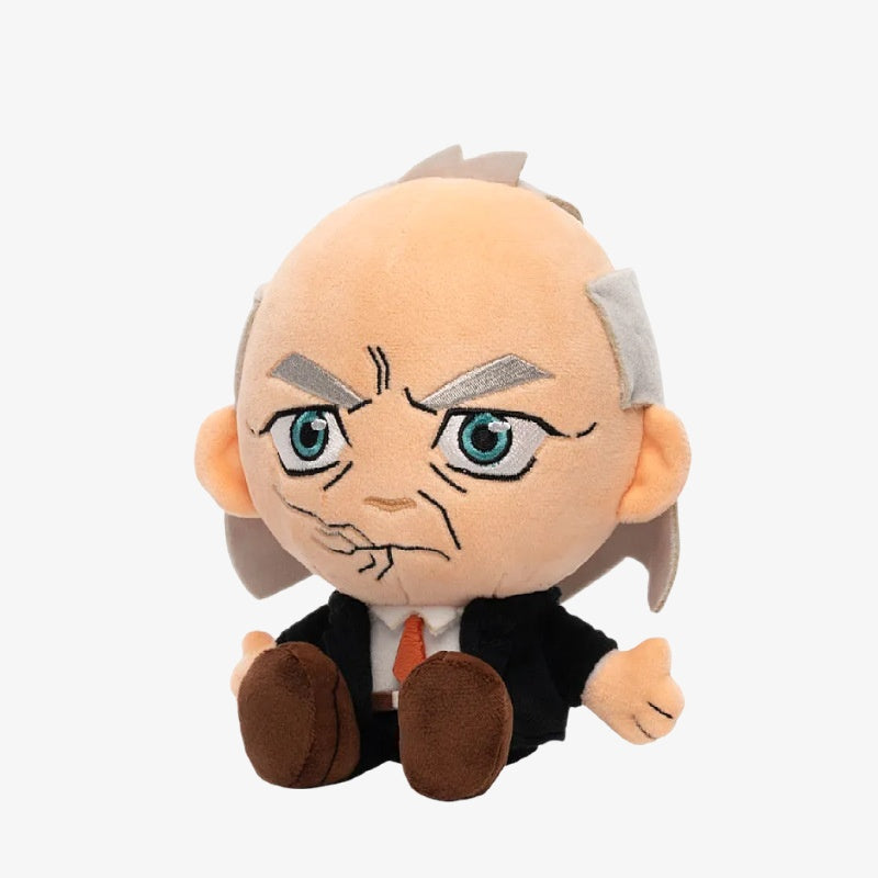 The ZoDoll Invincible Animated Series Plush Toy Collection features an 18x20cm soft superhero stuffed doll with a bald head, gray eyebrows and hair, blue eyes, a frown, and a black suit with an orange tie sitting upright.
