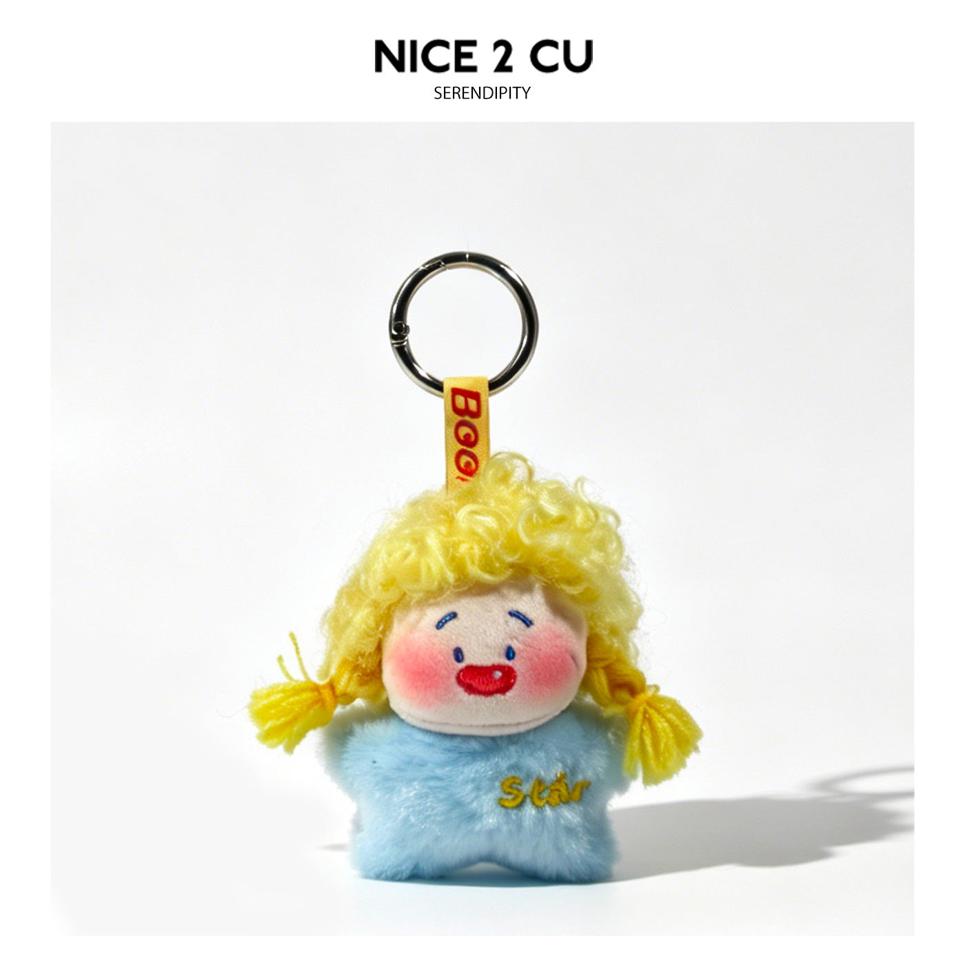 Light blue star-shaped plush keychain charm with curly yellow pigtails and embroidered face detail