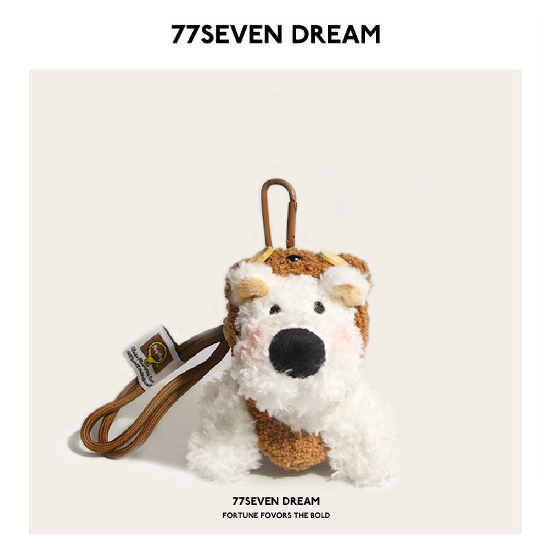 White Westie plush bag charm wearing a brown bear costume hood with carabiner clip and braided cord strap