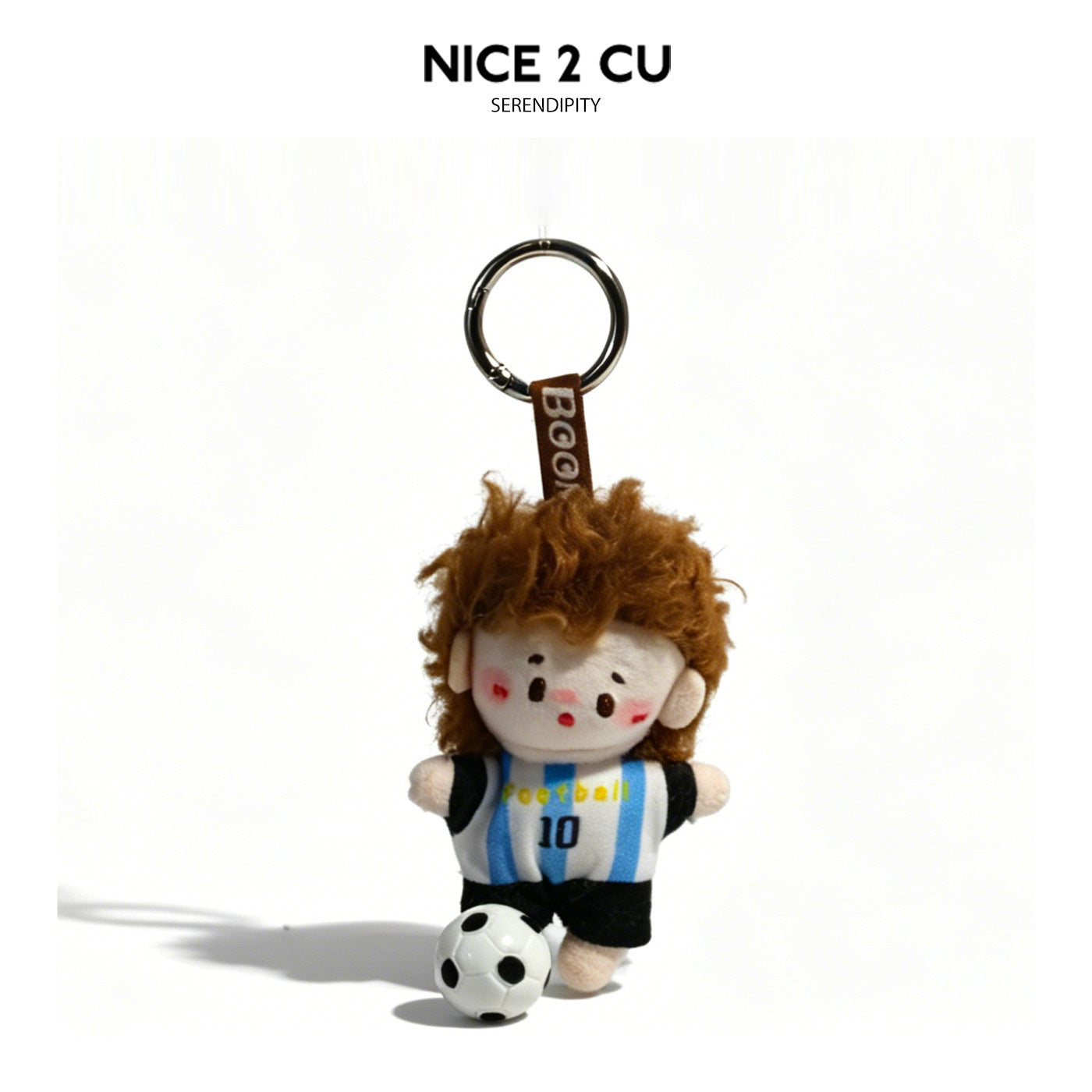 Curly-haired plush soccer kid charm in white and light blue striped jersey with black shorts