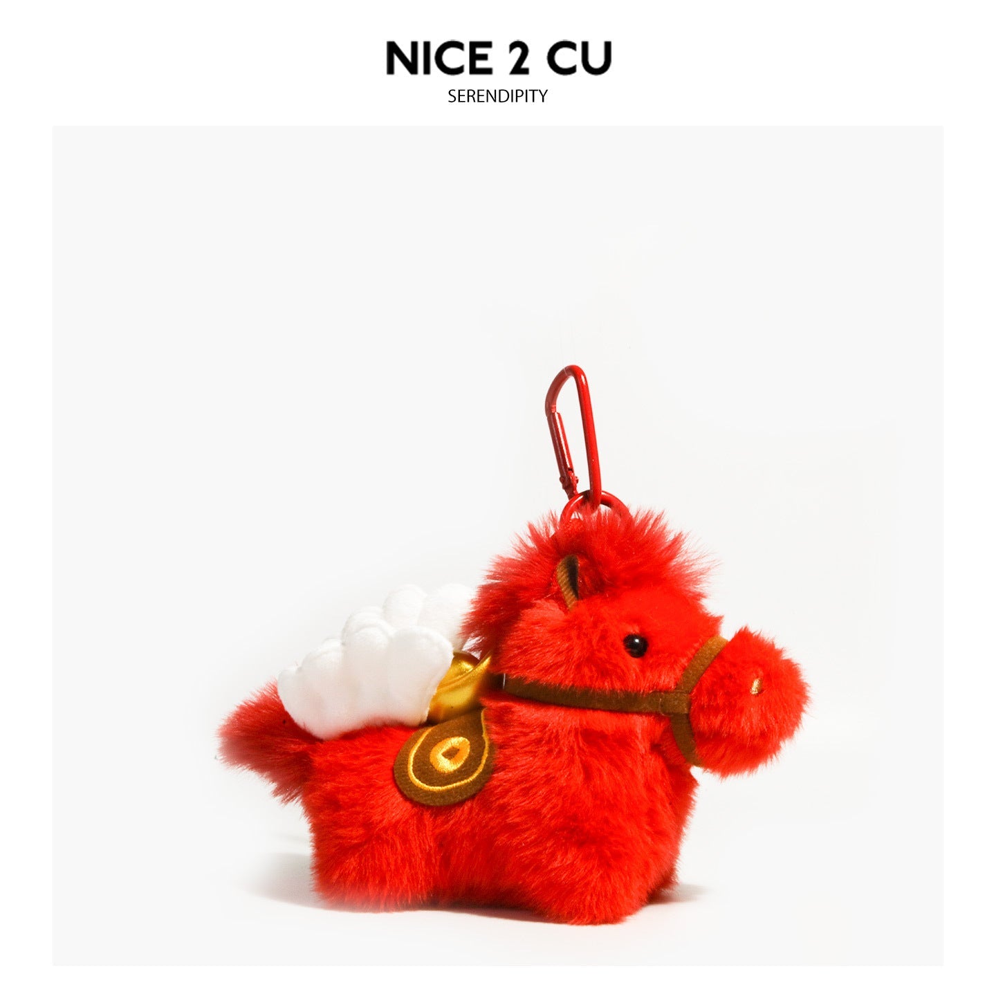 Red fluffy flying horse plush charm with brown bridle, white wing decoration, and gold trim details on hanging loop