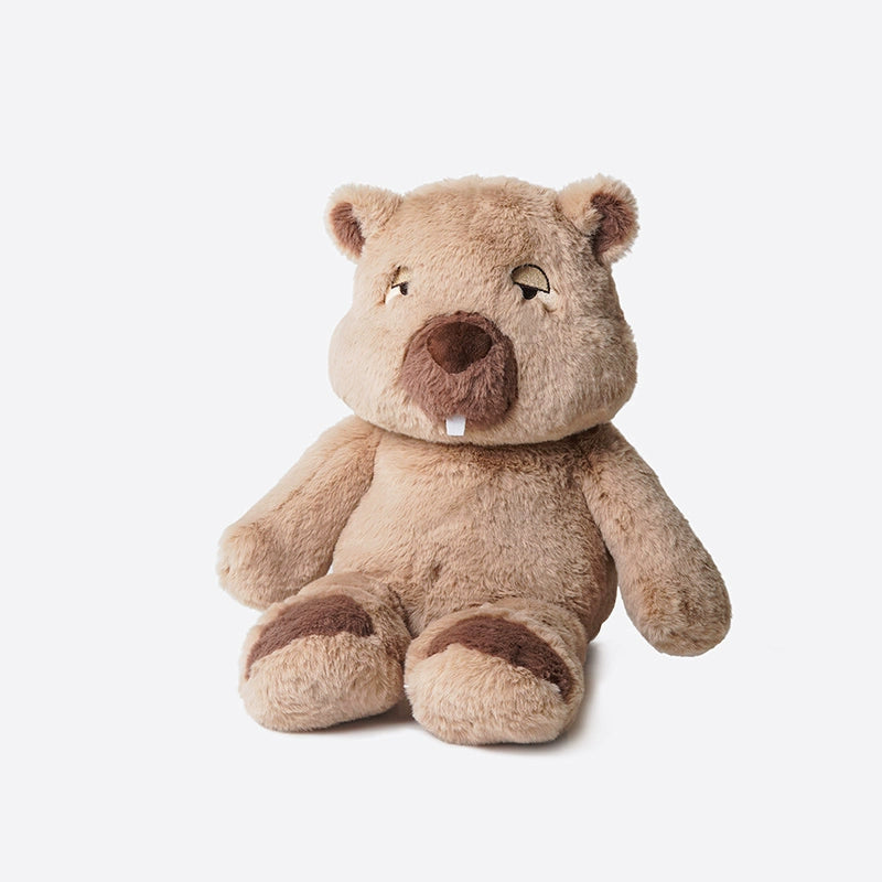 The ZEIO Wombat Plush Toy is a 48cm large, ultra-soft stuffed animal featuring embroidered eyes, a round nose, small ears, and two white front teeth. Includes a mini doll. This plush sits upright against a plain background.