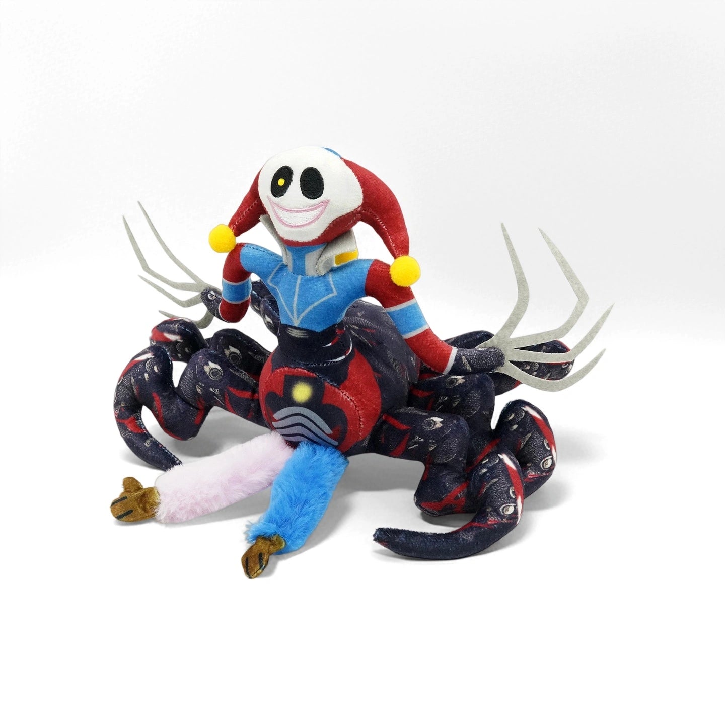 The ZoDoll Prototype Plush is a 32cm soft stuffed toy inspired by Poppy Playtime, featuring a horror spider monster design with multiple legs, pink and blue furry limbs, jester hat, and smiling clown face—a must-have collectible.