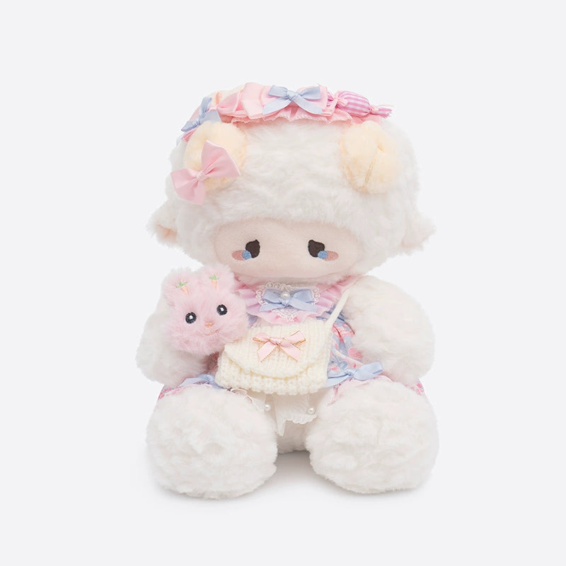 The ZEIO Fashion Sheep Plush Toy 29cm is a collectible lamb doll dressed with pastel bows, a small bag, and a pink accessory, displayed on a plain white background.