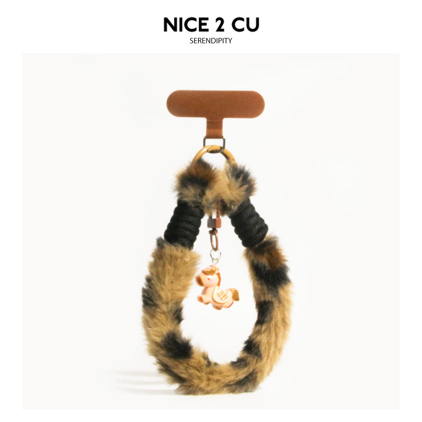 Brown and black fluffy leopard-print phone wrist strap with horse charm pendant