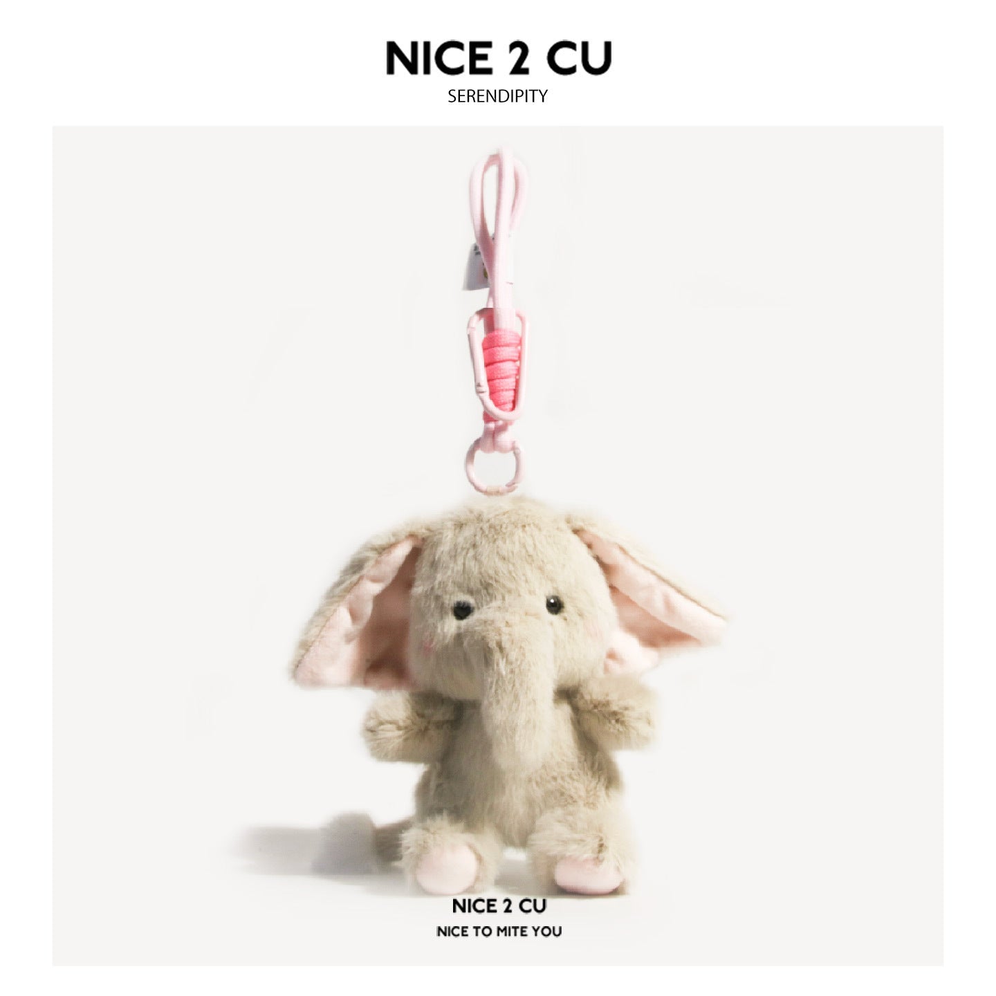 Khaki cartoon elephant plush keychain charm with pink accents and carabiner clip