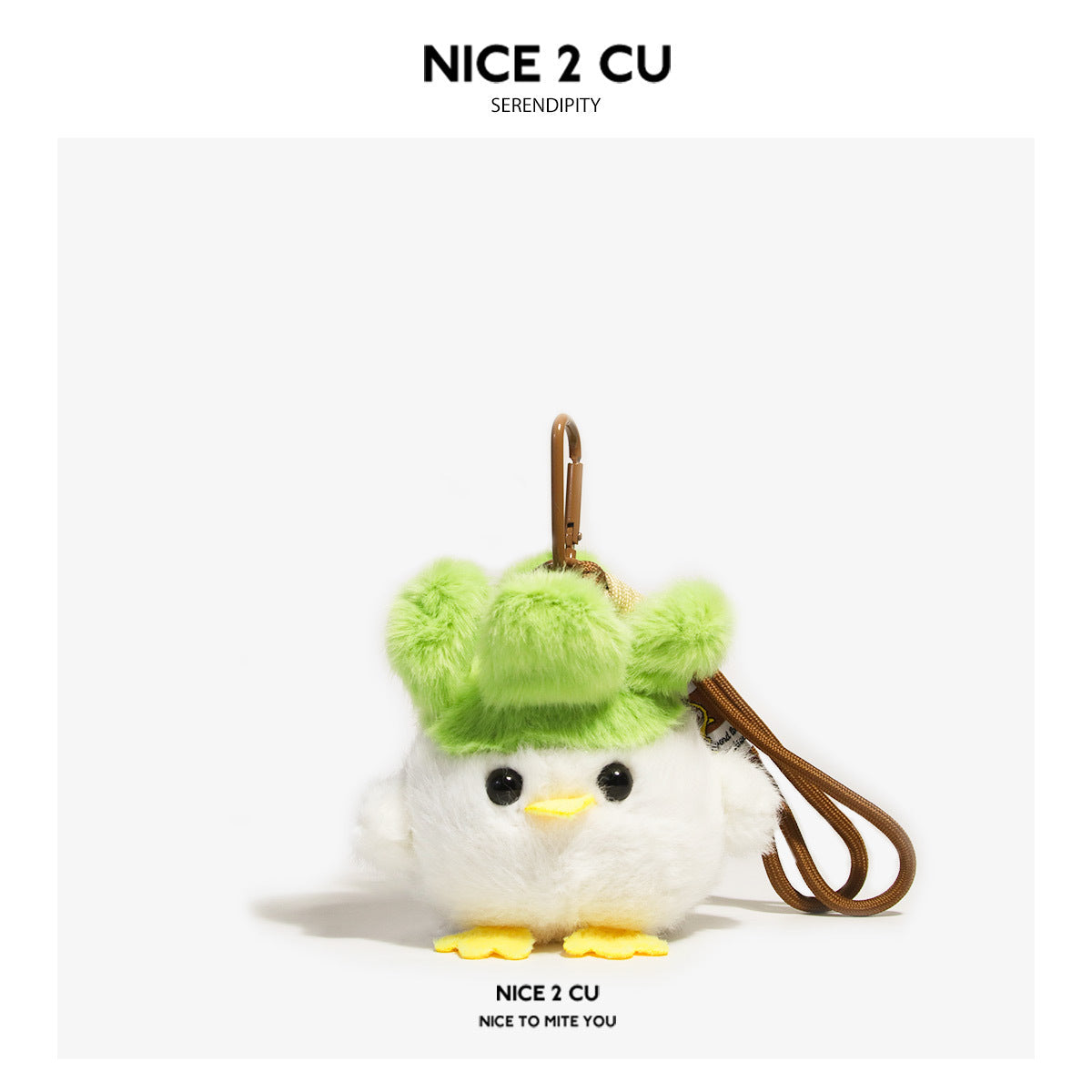 White fluffy plush chick keychain charm with green hat and brown cord clip attachment