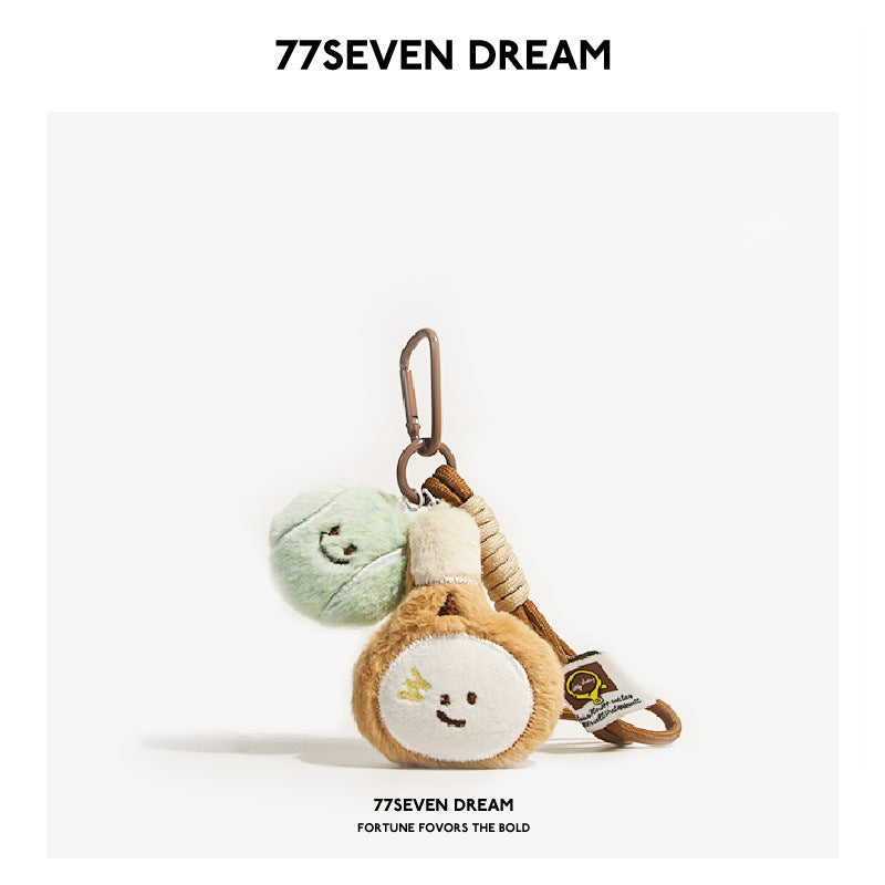 Tennis plush keychain with two ball charms and brown coffee-colored cord strap with clip