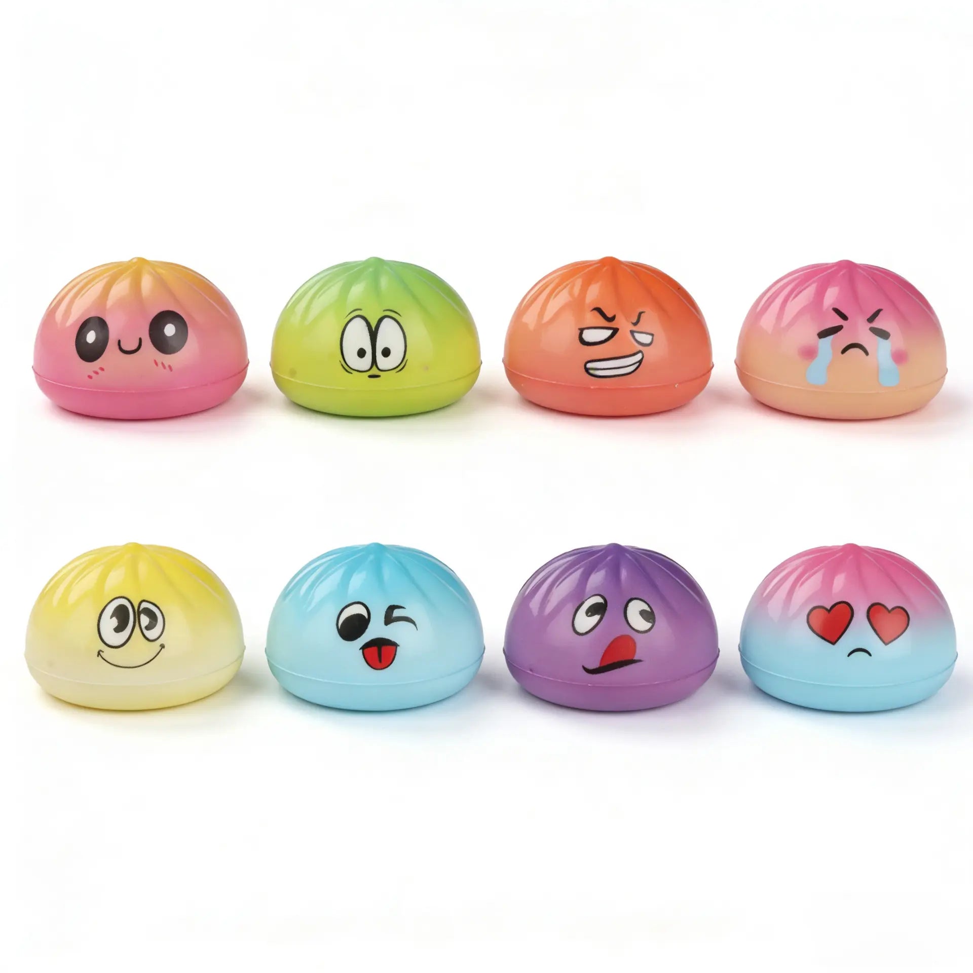 The ZoDoll Giant Emoji Squishy Dumpling Bun Sensory Fidget Toy with Steamer features eight rainbow buns, each with a unique kawaii expression—perfect stress relief or cute desk decor for kids and adults.