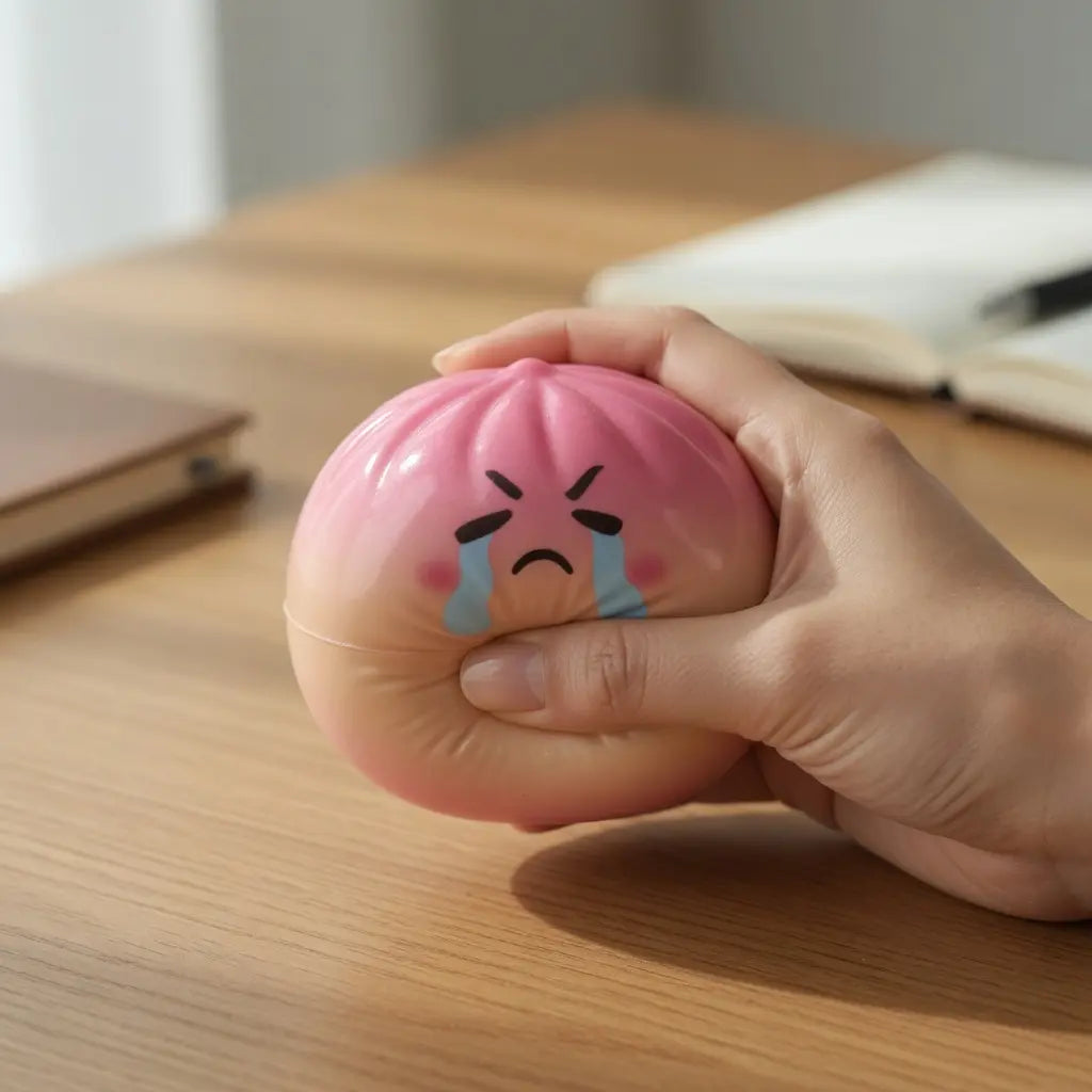 A hand squeezes the ZoDoll Giant Emoji Squishy Dumpling Bun Sensory Fidget Toy—a rainbow mystery squeeze ball with a kawaii expression—on a desk, offering stress relief during study or work. Includes steamer; perfect for kids and adults.