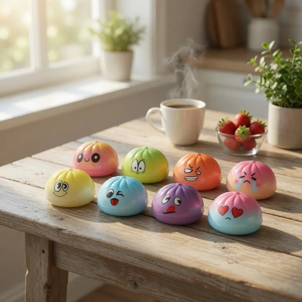 A ZoDoll Giant Emoji Squishy Dumpling Bun Sensory Fidget Toy with Steamer in rainbow colors, featuring kawaii expressions, sits on a wooden table near coffee, strawberries, and plants in a sunlit kitchen.