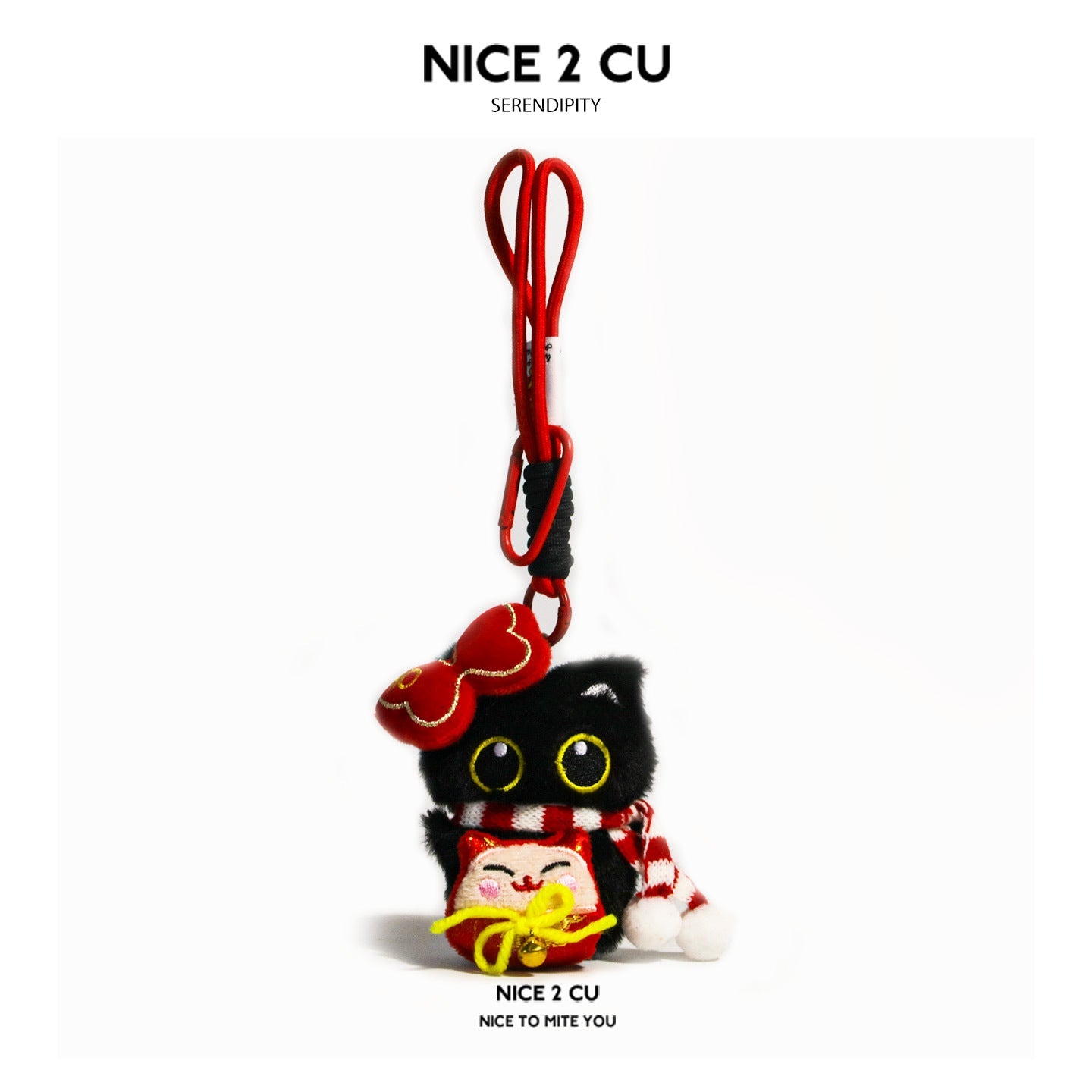 Black cat plush charm with small face charm, bell, and yellow cord accent