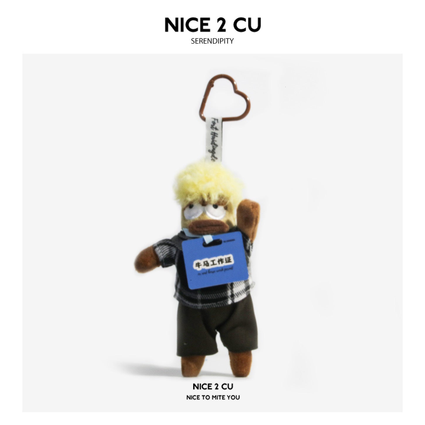 Serendipity plush character charm in black-and-white checkered shirt and black shorts with blue heart clip