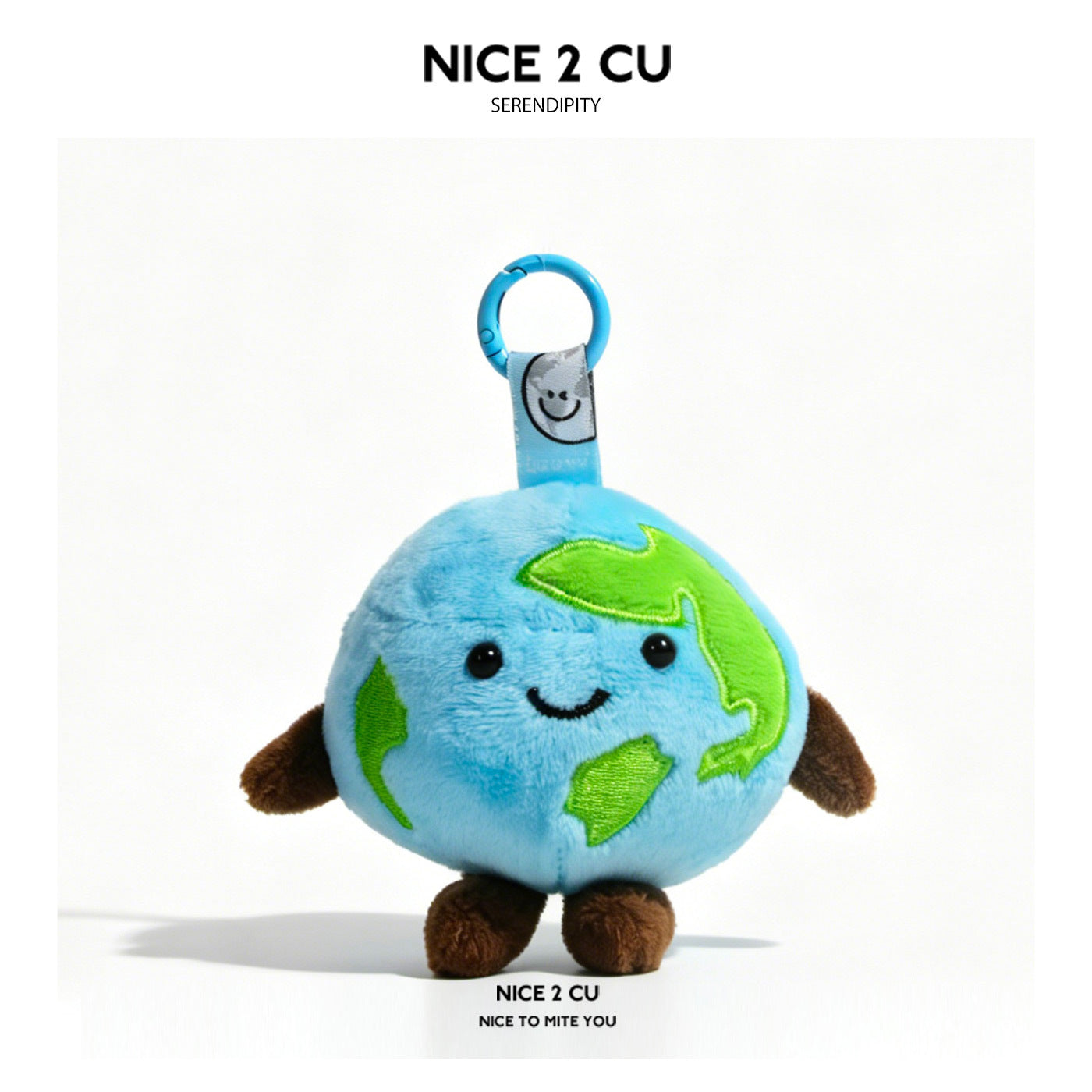 Simple light blue Earth globe plush charm with smiling face and brown limbs, no extra accessories