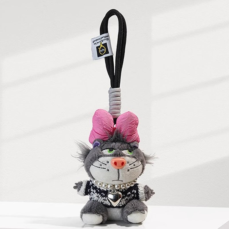 Grey cat plush charm in dark navy sweater with pink bow and pearl bead heart pendant necklace