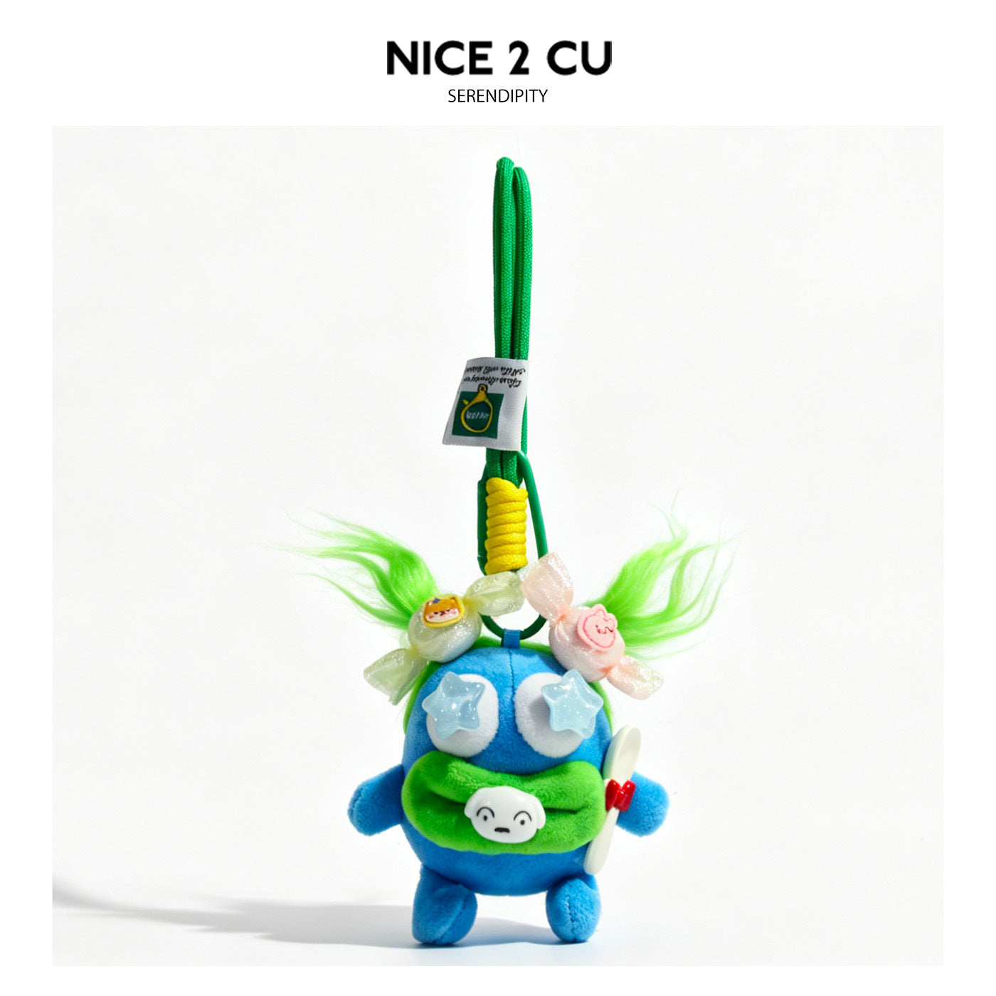 Blue kawaii frog plush keychain with star-shaped eye decorations and candy-themed head ornaments