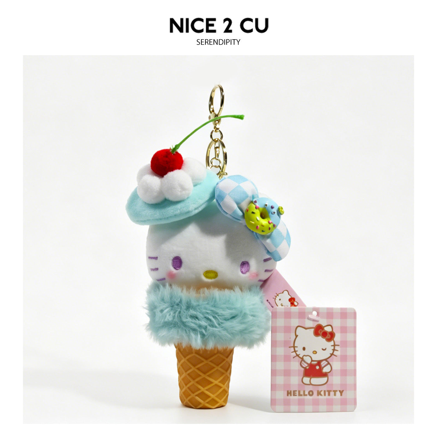 Hello Kitty sea-salt ice cream cone plush keychain charm with light blue accents, red cherry, and gold hardware