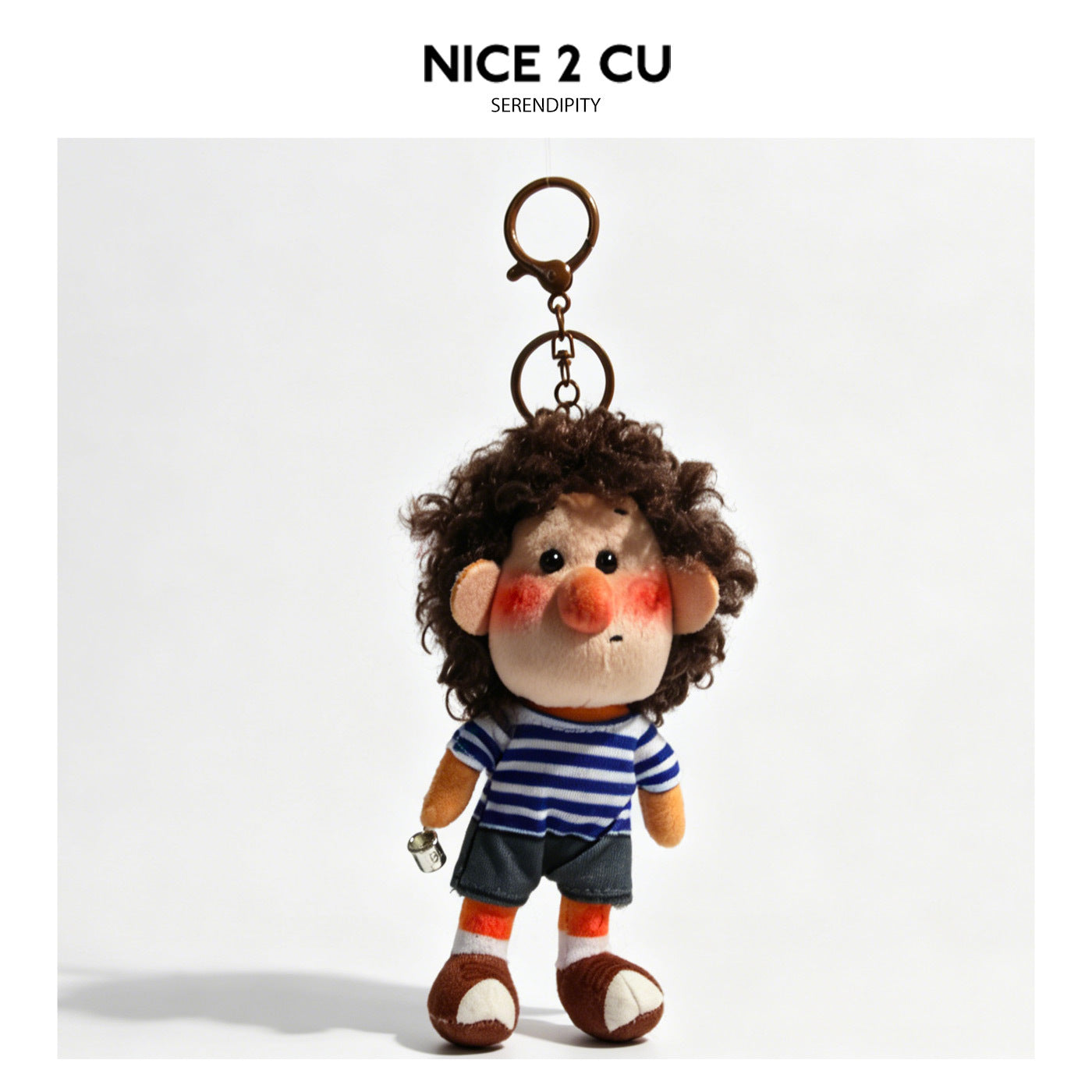 Dark brown curly-hair freckled boy plush doll keychain wearing blue-and-white striped shirt and dark shorts
