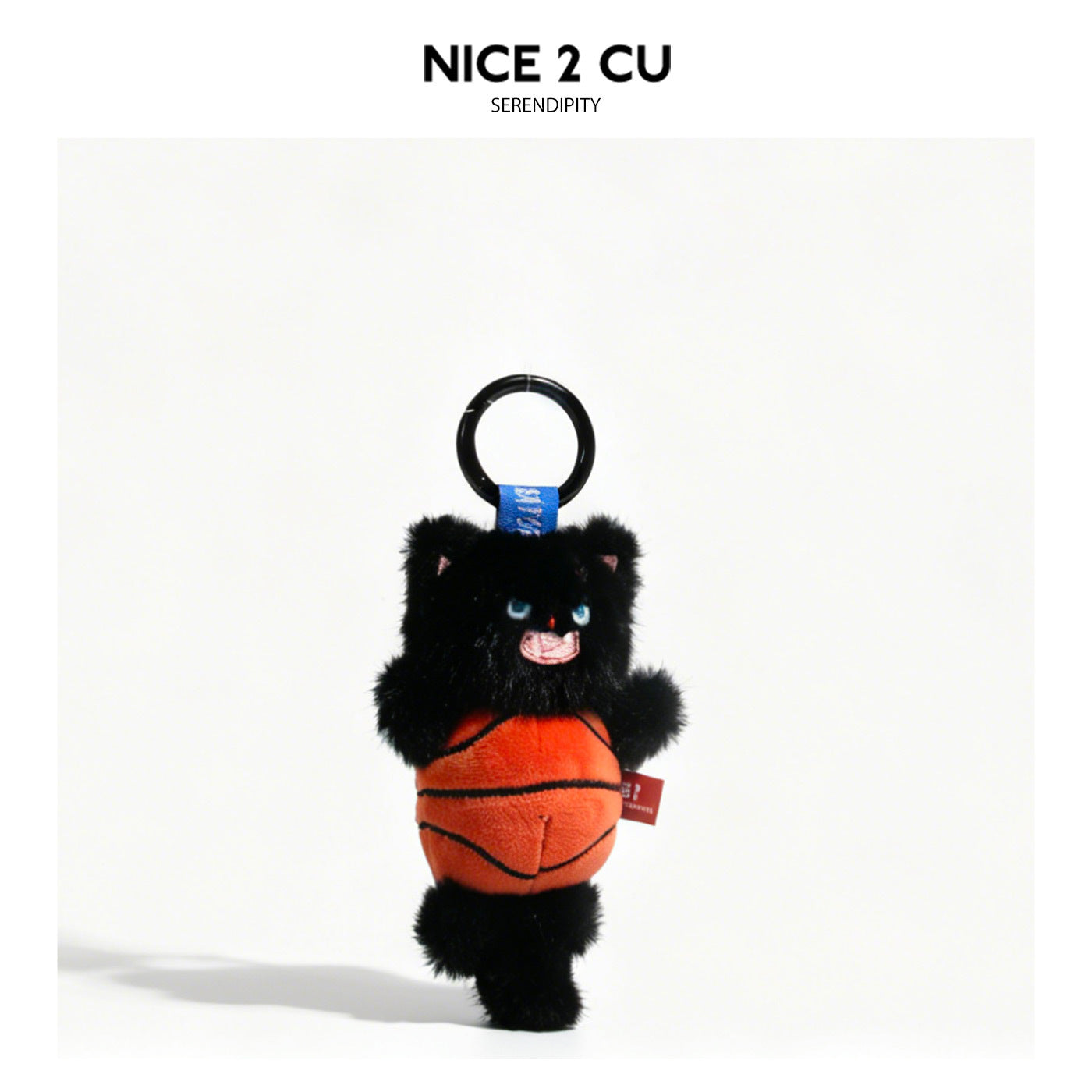 Black standing plush cat keychain with orange basketball and blue carabiner clip