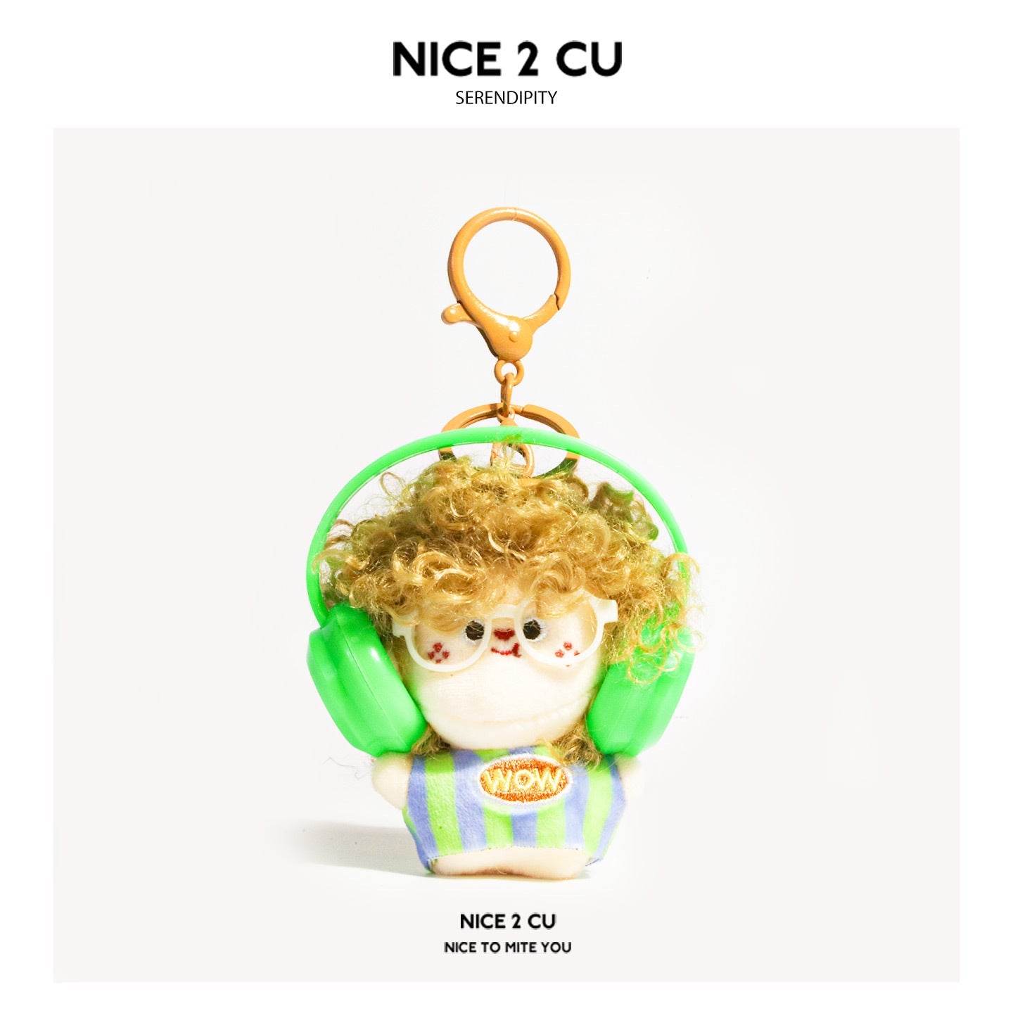 Light beige curly-hair plush doll keychain with white glasses, green headphones, and WOW patch, blue-green striped outfit