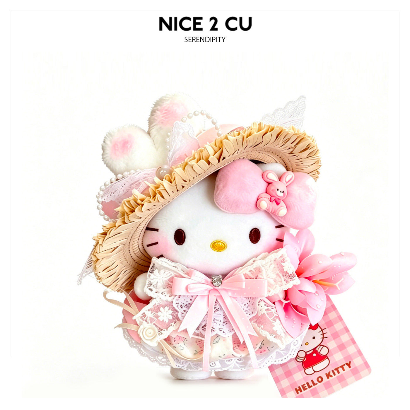 Hello Kitty white plush figure wearing a straw hat with rabbit ears, pearl trim, lace collar, and holding a pink tulip bouque