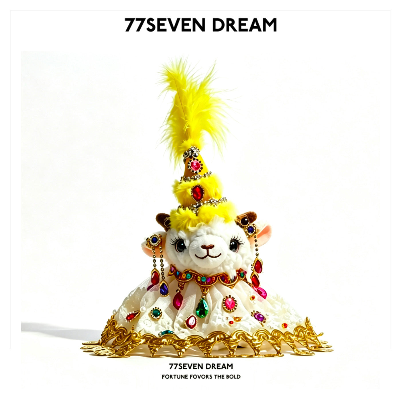 Plush lamb figurine with eyelash detail, yellow feathered hat, and multicolor gold-trimmed jeweled dress